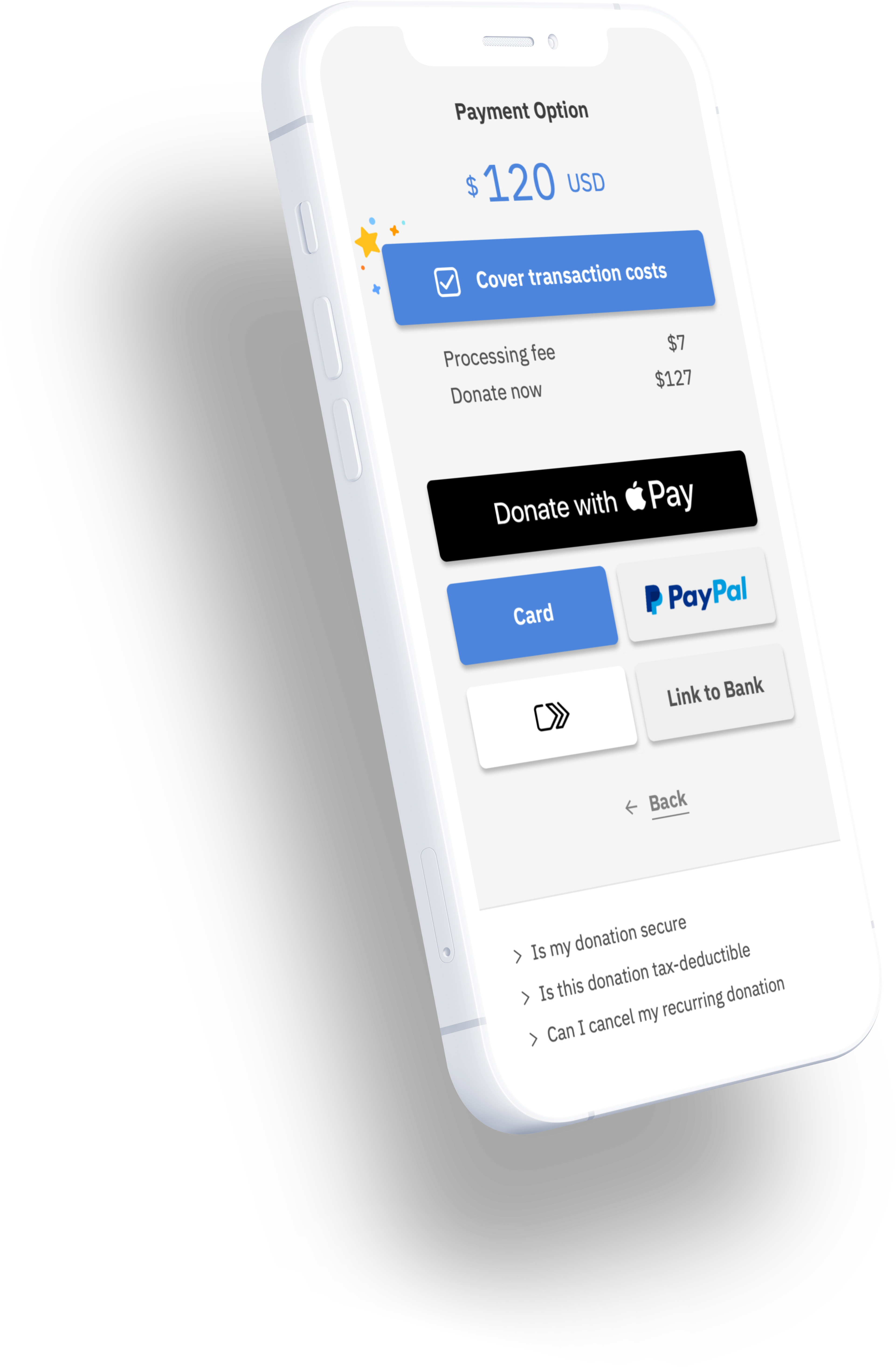 An iPhone displaying Fundraise Up's multiple payment options An iPhone displaying Fundraise Up's multiple payment options